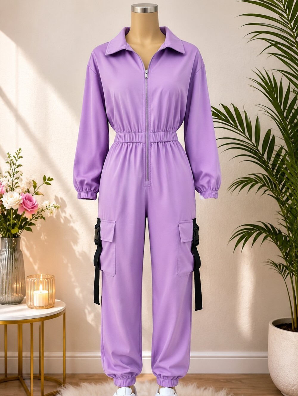 SHEIN Lilac Cargo Utility Jumpsuit | Zip Front Long Sleeve Romper | Lavender One